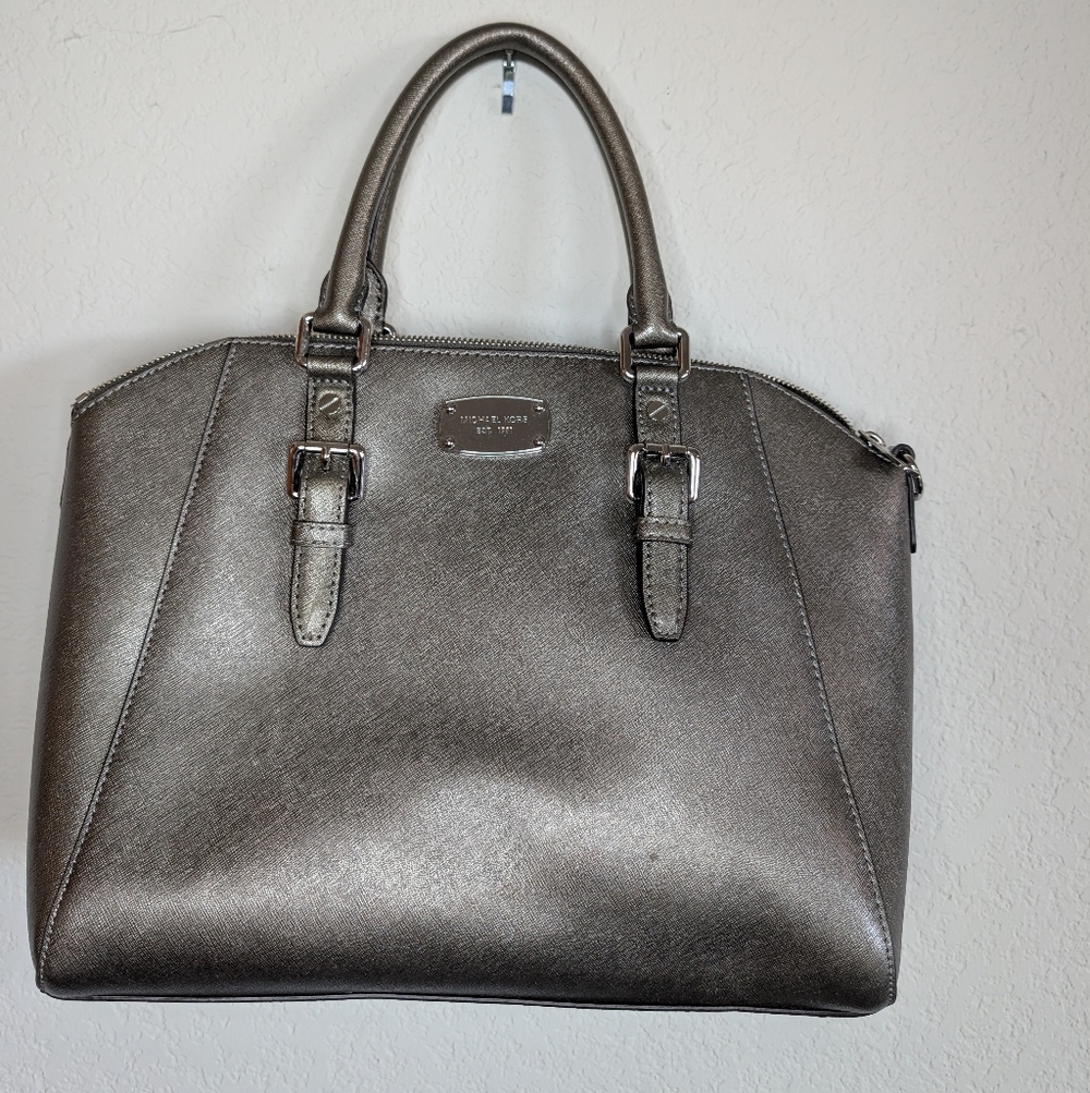 New Michael Kors Cindy Large Dome Satchel Metallic Pewter Saffiano Leather Bag